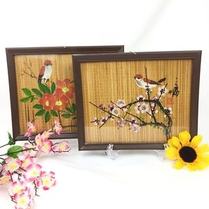 Vintage Framed HandPainted Birds Bamboo Scroll Art